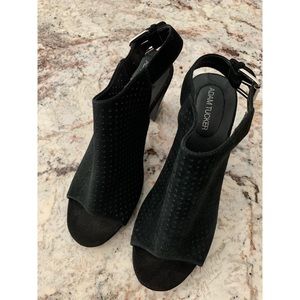 SOLD ADAM TUCKER Black Block Heel Peep Toe Mule Sandals